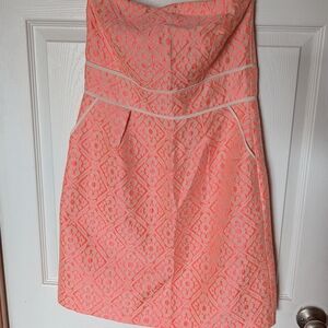 Strapless Coral Lace Sheath Dress with Cream Trim